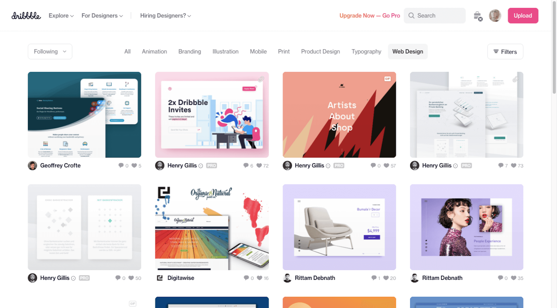 Dribbble homepage - search for web design work