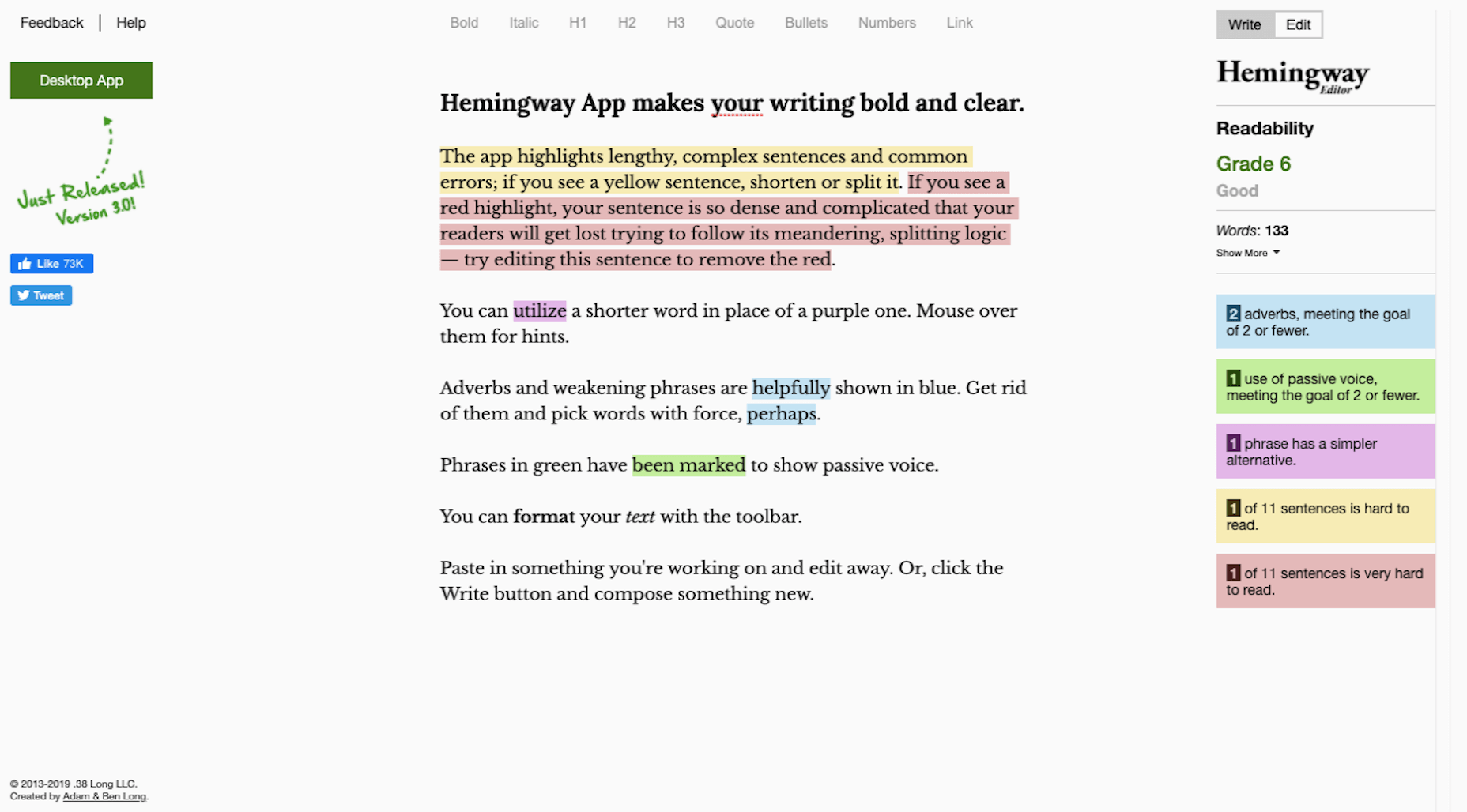 A sample edited page in the Hemingway Editor