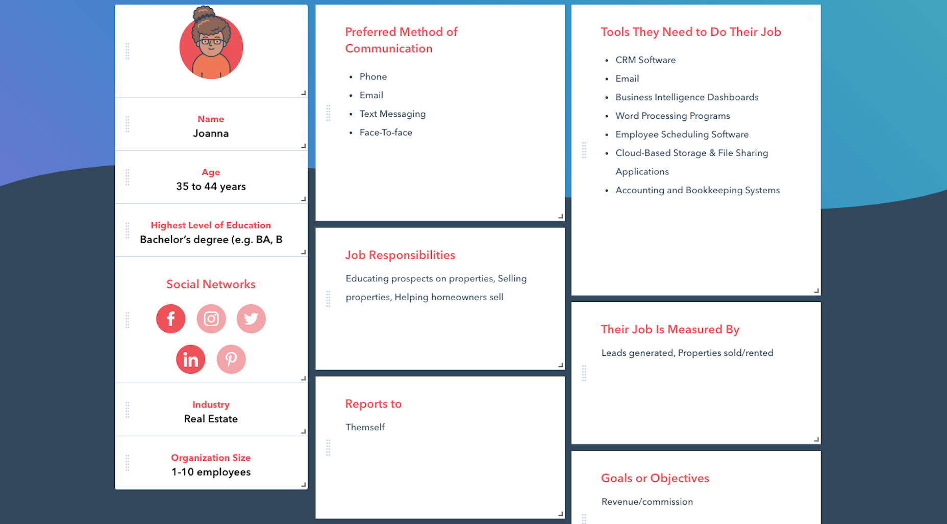An example user persona card generated using Hubspot's Make Your Persona generator